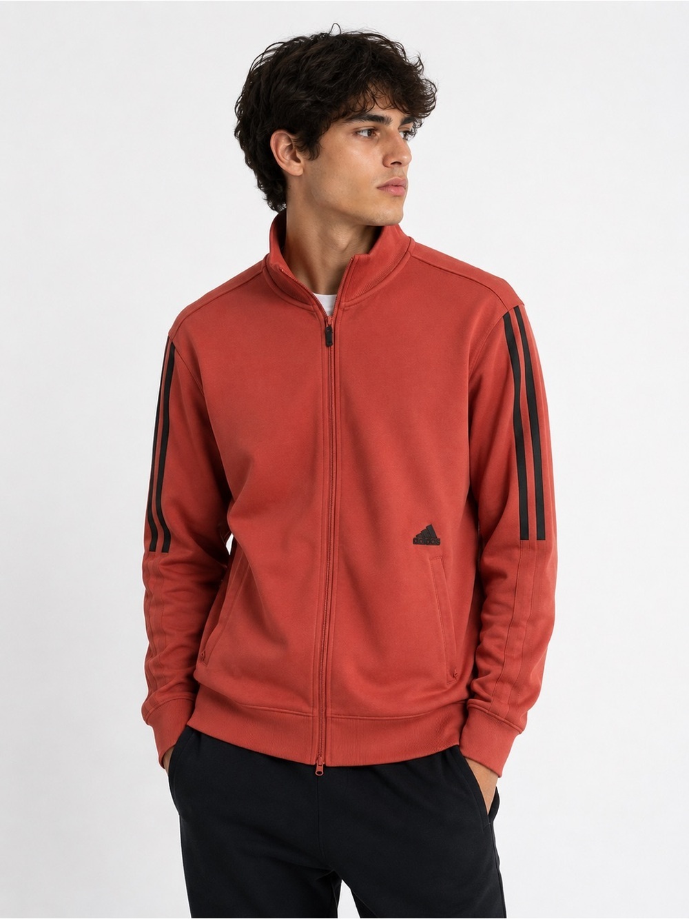 adidas Brick Red Zip-Up Track Jacket with Black Stripes
